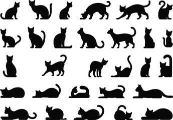 Cat silhouette collection, various feline poses including sitting, walking, stretching, resting, playful pet outlines for design, decoration, vector artwork