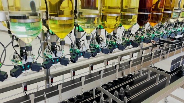 Perfume production. Different scents in bottles. Robotic perfume production line with automated fragrance dispensing. 4K video footage