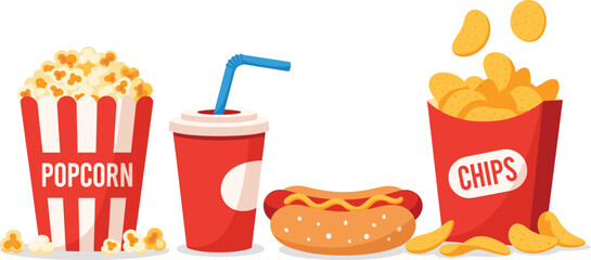 Set of fast food and cinema snacks including popcorn, hot dog, soda drink, and potato chips, symbolizing movie theater treats, entertainment, and casual eating