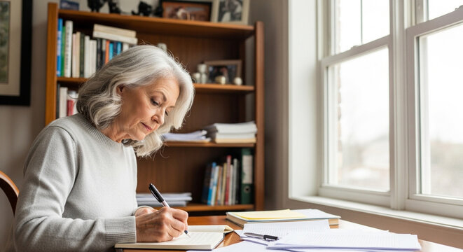 Elderly woman taking notes at desk in teacher’s office, education planning and senior learning