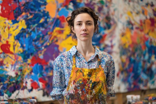 Creative Woman in Apron Standing by Large Painted Canvas