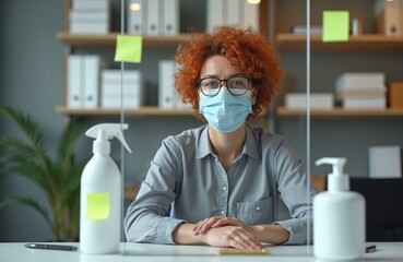 Woman with red curly hair wears face mask and glasses at office desk. Plexiglass divider, sanitizer dispenser and spray bottle on table. Safe work environment against pandemic.