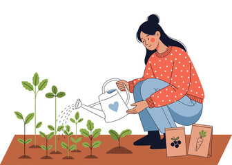 Young woman character watering small seedlings in a home garden, symbolizing horticulture, organic farming, nature connection, hobby gardening, and plant care vector illustration.