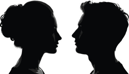 Male and female silhouette profiles, side view portrait illustration, black and white face outlines, human profile artwork for creative design use