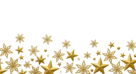 Highly reflective metallic gold snowflakes and stars scattered across a panoramic, transparent background, emphasizing open copy space, high contrast luxury christmas design concept