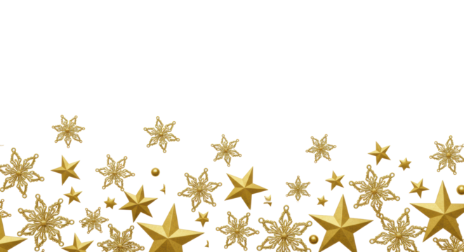 Highly reflective metallic gold snowflakes and stars scattered across a panoramic, transparent background, emphasizing open copy space, high contrast luxury christmas design concept