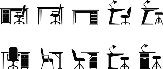 Office desk and chair silhouette set, black vector, workspace icons, ergonomic furniture, lamp detail, interior design artwork