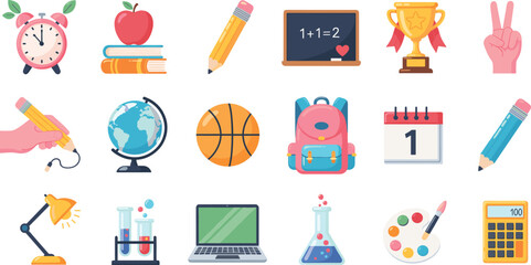 Large set of school and educational icons including books, laboratory tools, blackboard, sports, and technology, symbolizing learning, study, and academic success conceptcept.