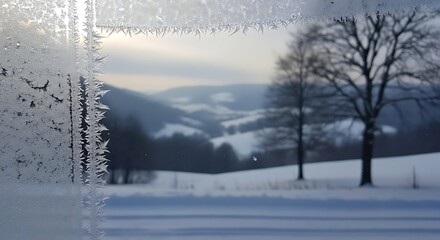 Frosted window overlooking snowy winter landscape pane