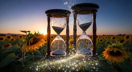 Hourglasses in a sunflower field at sunset with magical dust