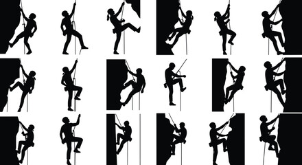 Rock climber silhouette illustration set, dynamic poses, black vector, rope and harness, sport technique, adventure theme, fitness artwork