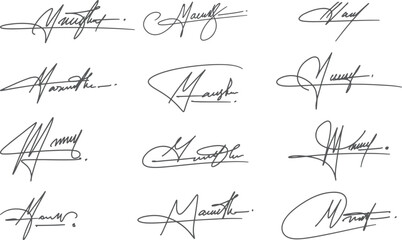 Handwritten Initial letter M fake  signatures set – abstract autograph line art,
 ink scribble calligraphy and fictitious signature examples  for business documents