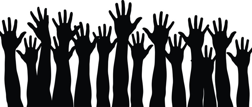 Raised hands silhouette illustration set, black vector, unity gesture, voting symbol, support icon, community theme, participation artwork