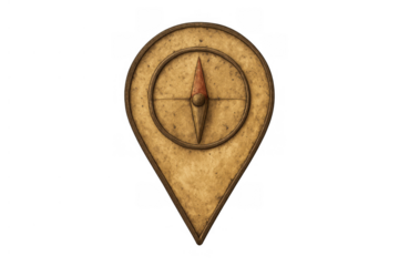 Vintage map pin pointer with compass, finding traveler location, successful direction, adventure navigation, transparent background