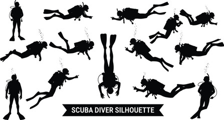 Naklejka premium Scuba diver silhouette illustration set, underwater poses, black vector, diving gear, marine activity, ocean theme, aquatic artwork