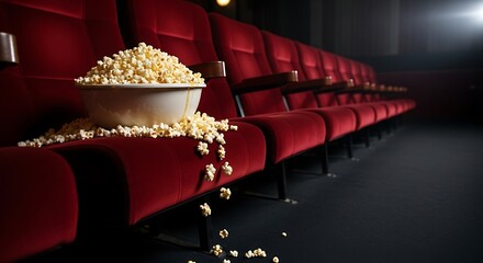 Popcorn Bowl on Empty Red Cinema Seats movie theater