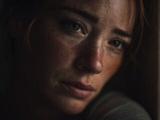 Fototapeta premium Raw Emotion: Close-up Portrait of a Vulnerable Young Woman with Freckles and a Deeply Expressive Gaze
