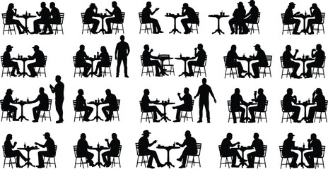 Social interaction silhouette illustration set, seated figures, black vector, table conversation, communication theme, human behavior artwork