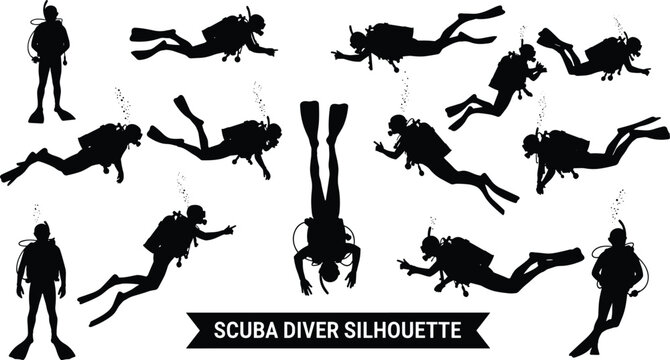 Scuba diver silhouette illustration set, underwater poses, black vector, diving gear, marine activity, ocean theme, aquatic artwork