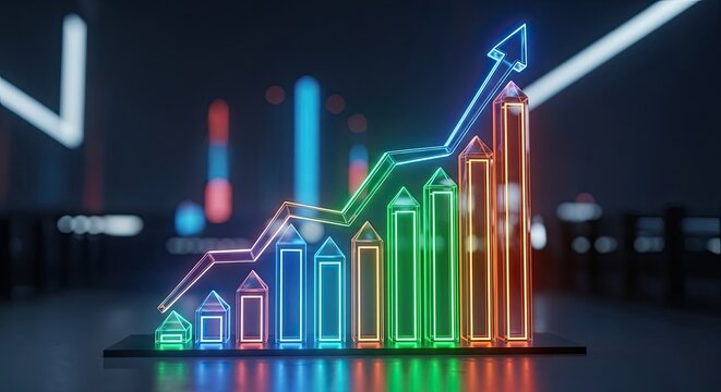 Visualize your success with this vibrant glowing bar graph illustration showing growth and positive trends in business and finance, success is the only option