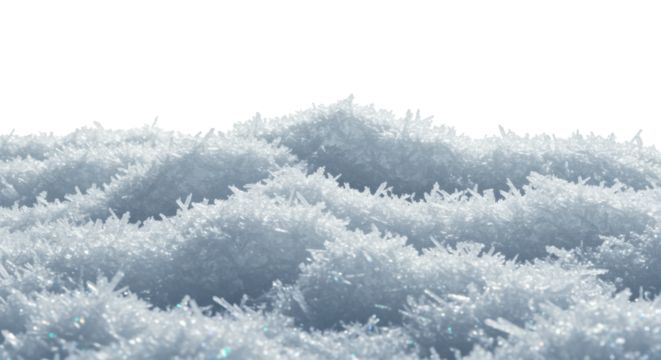 Pristine, fluffy powder snowdrift with sharp hexagonal ice crystals, macro studio shot on a stark white background with copy space. Concept of winter luxury and festive purity