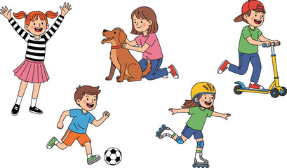 Set of happy children characters engaging in various outdoor activities like playing soccer, dog petting, scooting, and roller skating, symbolizing childhood recreation and fun.