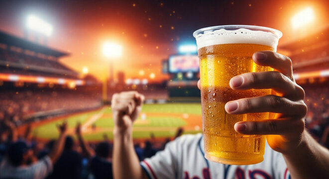 Fan holding beer cup at night baseball game, sports enthusiasm and stadium atmosphere