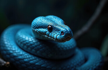 Obraz premium Close up portrait of blue viper. Reptile coils with scaled skin, showing eyes. Venomous snake waiting in darkness. Wild animal in natural habitat. Snake theme. Herpetology concept. Pet for exotic