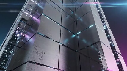 Abstract digital architecture zooming past the corner of a mirrored geometric skyscraper structure with lens flare effects, ideal for tech commercials and financial presentations.