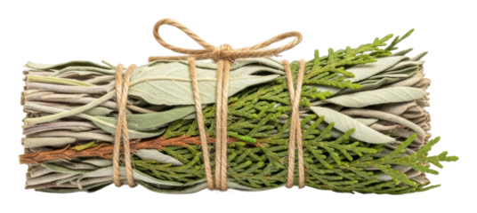 Sage and cedar bundle natural aromatic herbs home wellness isolated on transparent background