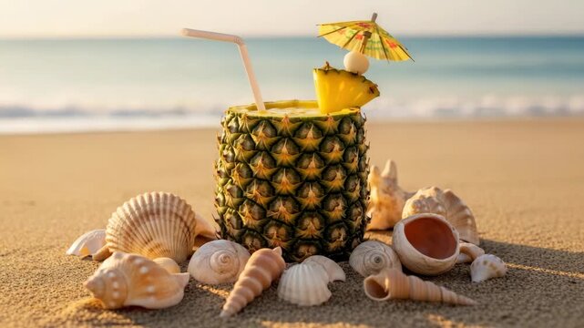 Tropical drink in a pineapple with seashells on the beach