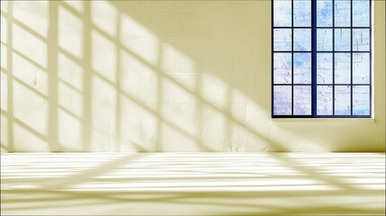 An empty room with a textured wall and floor, featuring a large window with a grid pattern and dramatic diagonal light and shadow patterns cast across the surfa