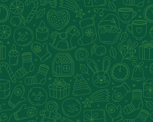 Christmas seamless pattern, doodle outline illustrations on dark green background. Santa, gifts, gingerbread, mittens, toys, candles, festive Christmas and New Year icons.