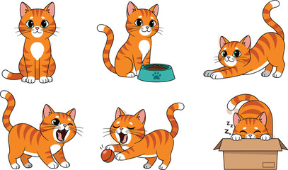 Set of cute orange striped tabby cat characters in various poses, symbolizing playful pet activities, daily routine, domestic animal life, and cheerful feline emotion.