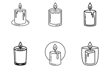 Collection of decorative candle line art illustrations on white background