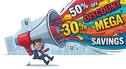 Naklejka premium Man holding oversized megaphone with discount percentages, humorous marketing and sales promotion