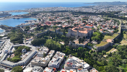 Obraz premium Aerial drone panoramic photo of iconic fortified old town of Rhodes island an Unesco World Heritage site, Dodecanese, Greece