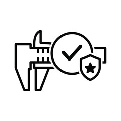 Black and white icon representing quality control measurement with a caliper, check mark, and shield