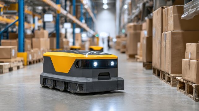 Autonomous warehouse robot navigating through aisles of boxes for efficient logistics and supply chain management in modern storage facility