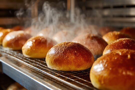 Warm Bread Rolls Steaming on a Baker's Cooling Rack