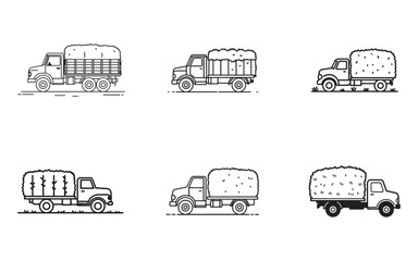 Collection of farming trucks loaded with harvest monochrome outlined illustration