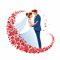 Elegant Vector Illustration of a Bride and Groom Embracing Tenderly, Enveloped by a Decorative Swirl of Red Hearts