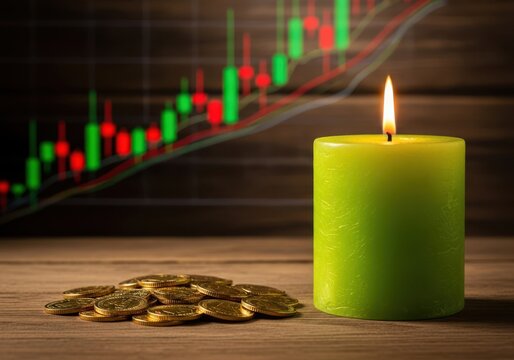 Burning candle and gold coins on wooden table with stock market chart background