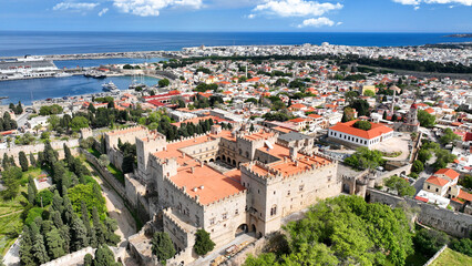 Aerial drone photo of iconic Palace of the Grand Master in old fortified town of Rhodes island an Unesco World Heritage site, Dodecanese, Greece