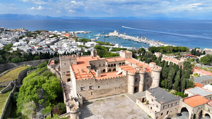 Aerial drone photo of iconic Palace of the Grand Master in old fortified town of Rhodes island an Unesco World Heritage site, Dodecanese, Greece