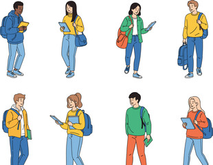 Set of diverse university students with backpacks and books, symbolizing higher education, youthful learning, college life, diverse youth, and academic community.