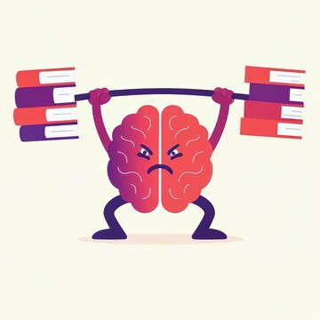 Animated 2D cartoon brain lifting a barbell with books, showing effort and struggle. Symbolizes mental training, learning, and intellectual growth. Ideal for explainer videos, advertising, and chroma 