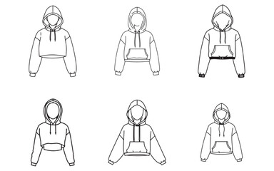 Collection of hoodie outline fashion sketches of female apparel and clothing