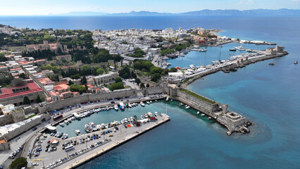 Aerial drone panoramic photo of iconic old town of Rhodes island an Unesco World Heritage site, Dodecanese, Greece