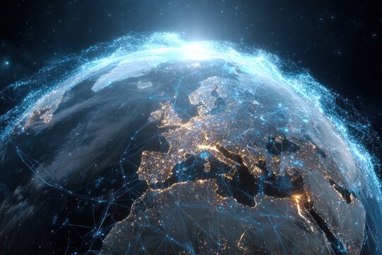 Digital Network Overlay on Glowing Earth from Space